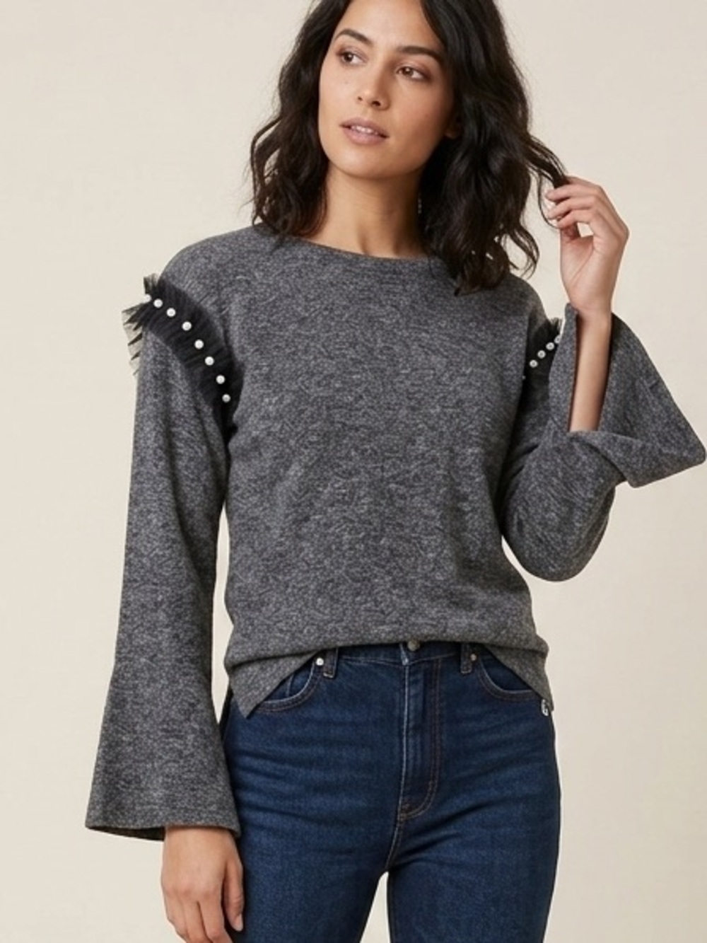 Coin 1804 Gray Pearl Embellished Bell Sleeve Sweater Size Small